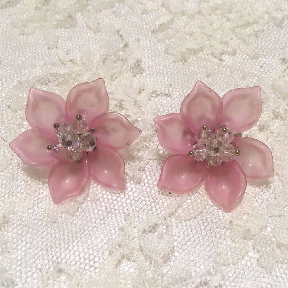 Vintage Pink Plastic Flower Earrings, Retro Cocktail Statement Jewelry